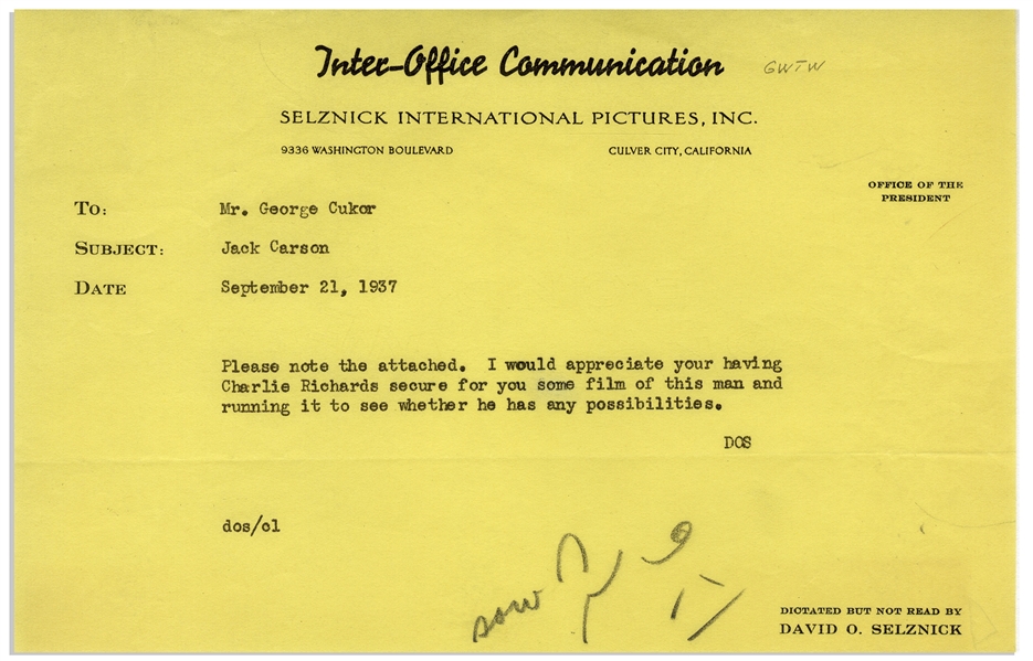 ''Gone With the Wind'' Memo From David O. Selznick to Director George Cukor Regarding Casting